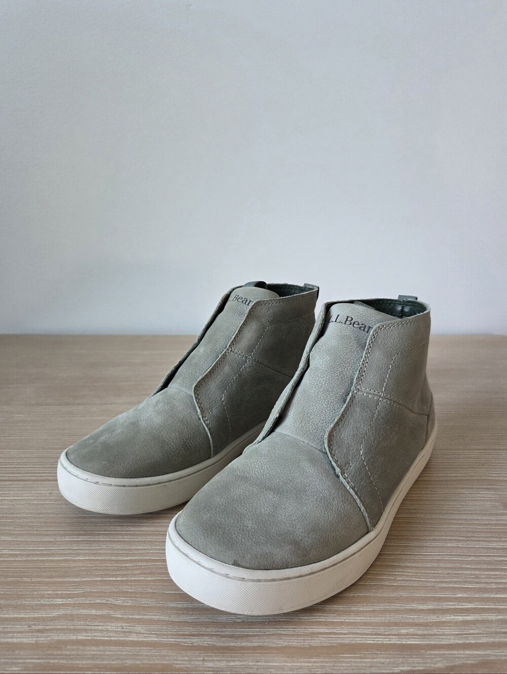 L.L. Bean Eco Bay Leather Boots Sage Green Nubuck Slip On Shoes Womens Size 7.5